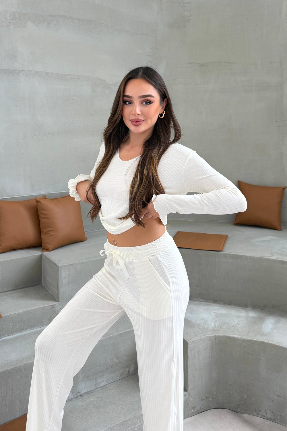 Kalın Fitilli Ekru Pamuk Pijama Takımı