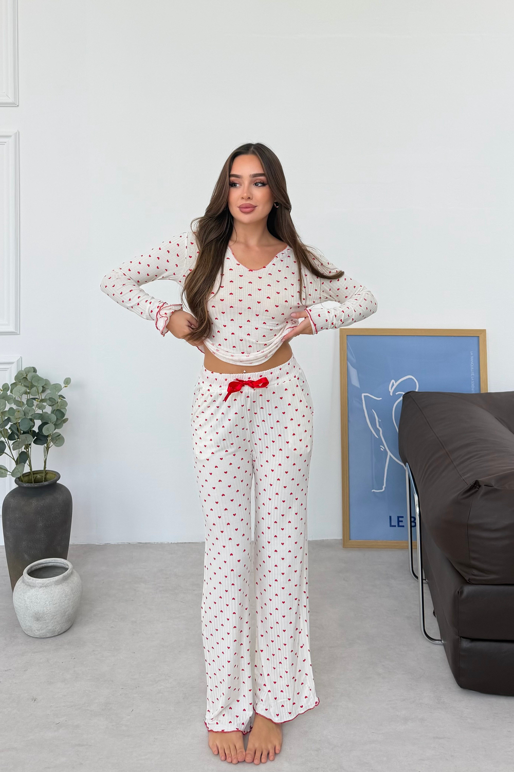 Kalın Fitilli Kalp Desenli Pamuk Pijama Takımı