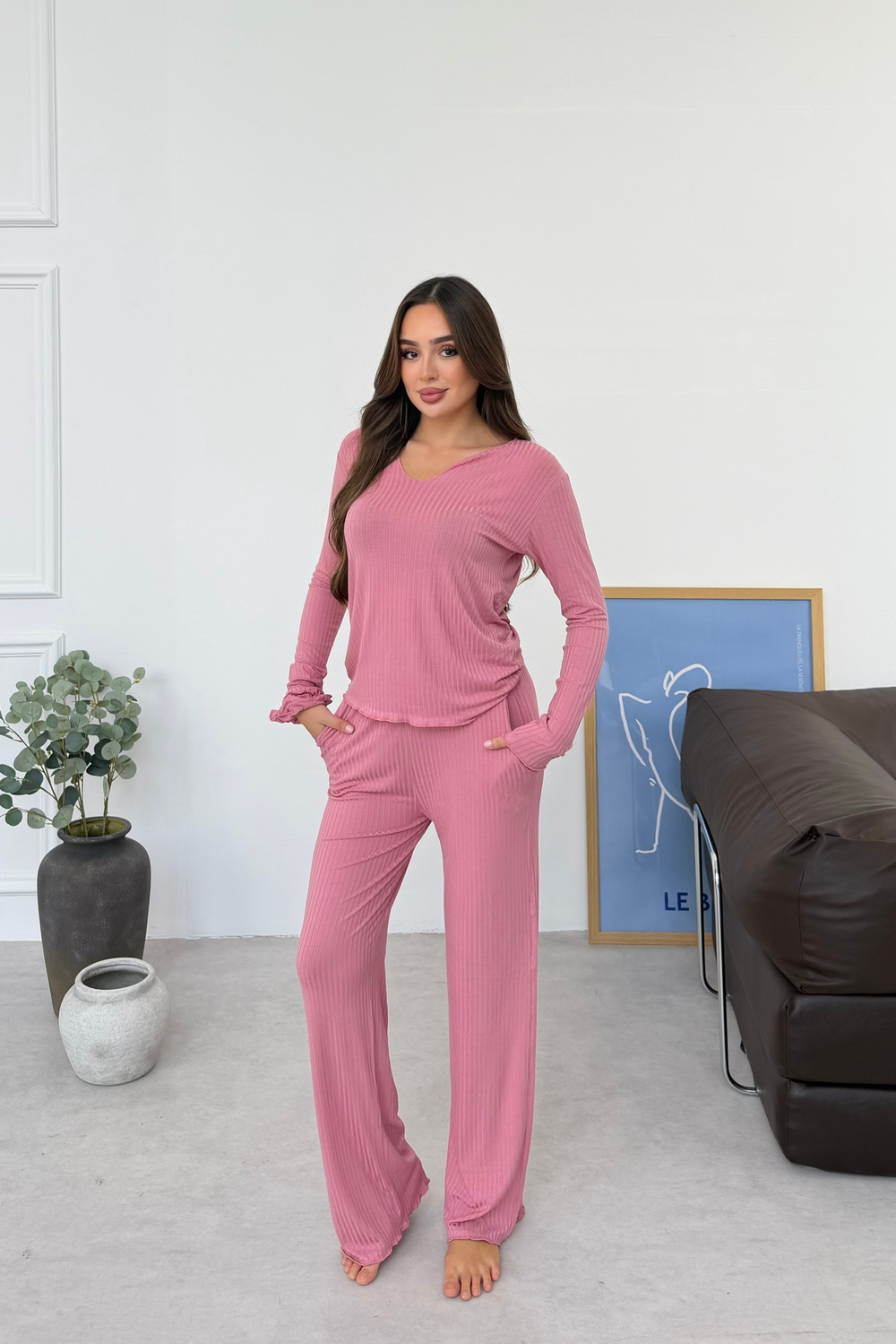 Kalın Fitilli Pembe Pamuk Pijama Takımı