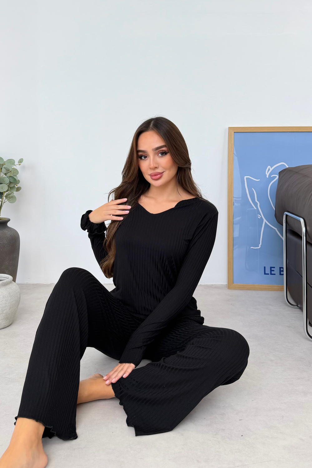 Kalın Fitilli Siyah Pamuk Pijama Takımı