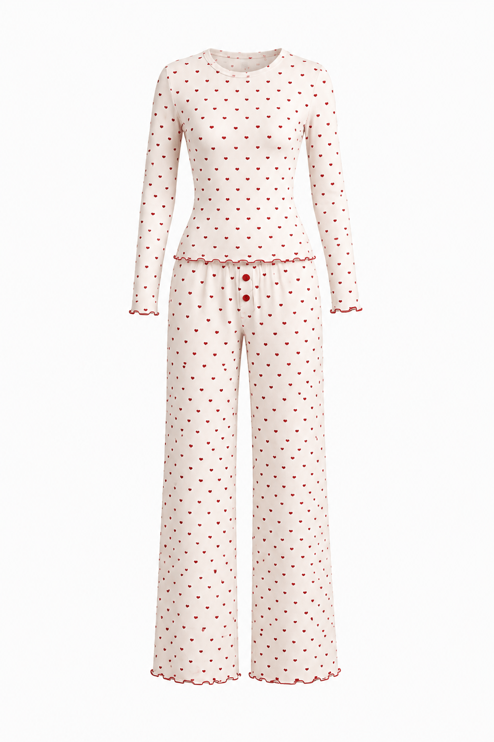Kalp Desenli Fitilli Pamuk Pijama Takımı