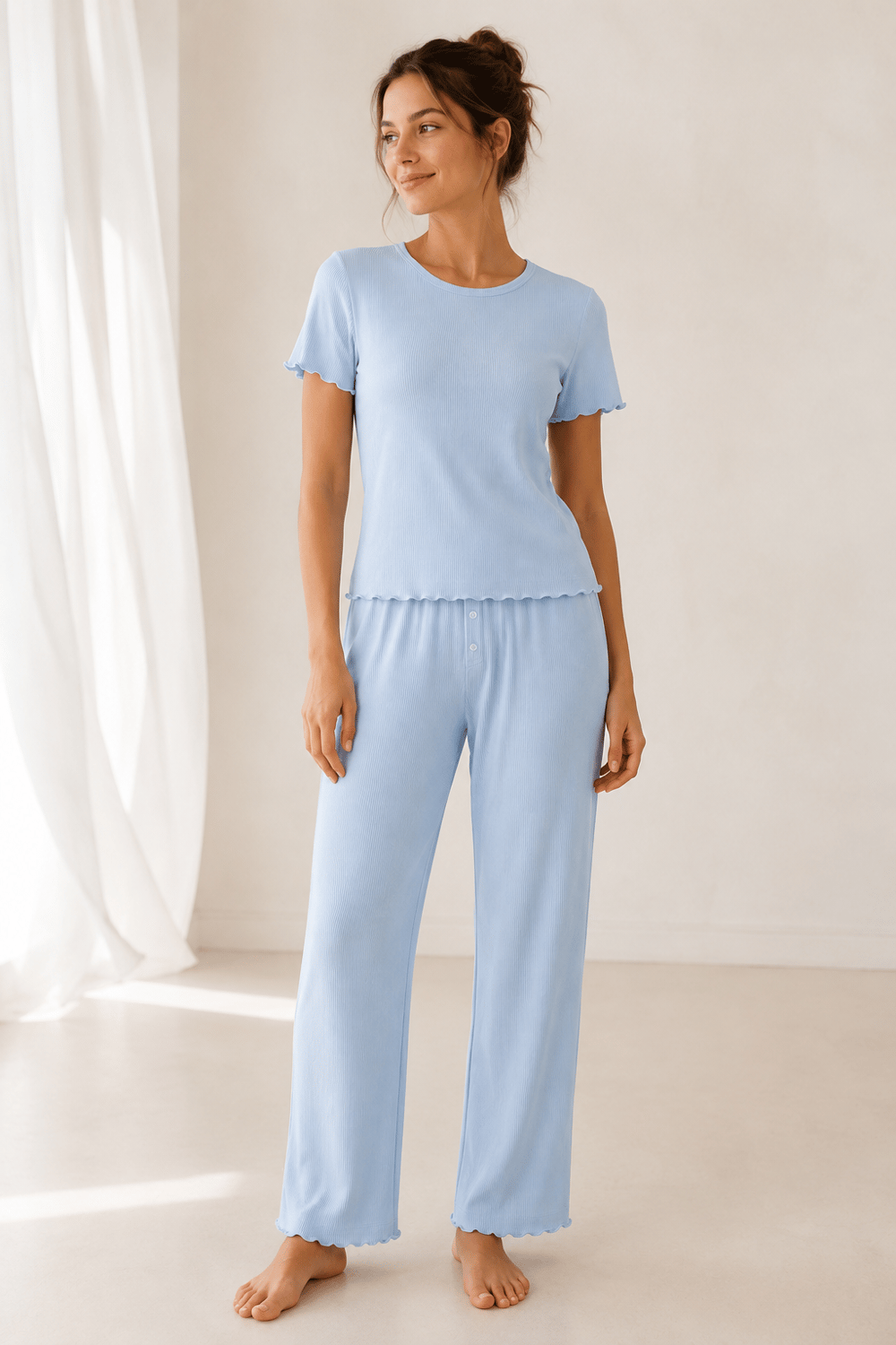 Mavi Kaşkorse Pamuklu Yumoş Pijama Takımı