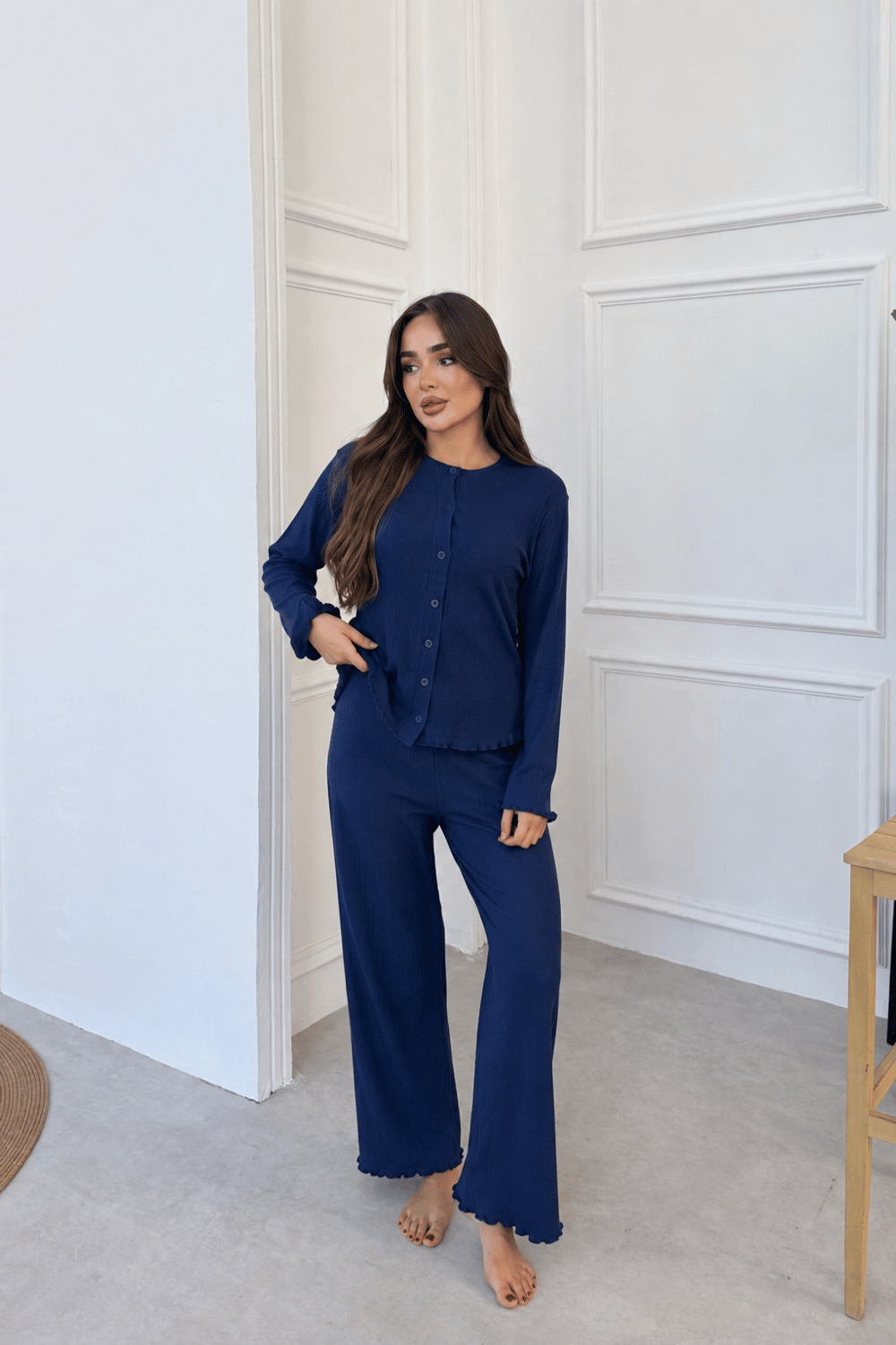 Önden Duğmeli Lacivert Fitilli Pijama Takımı