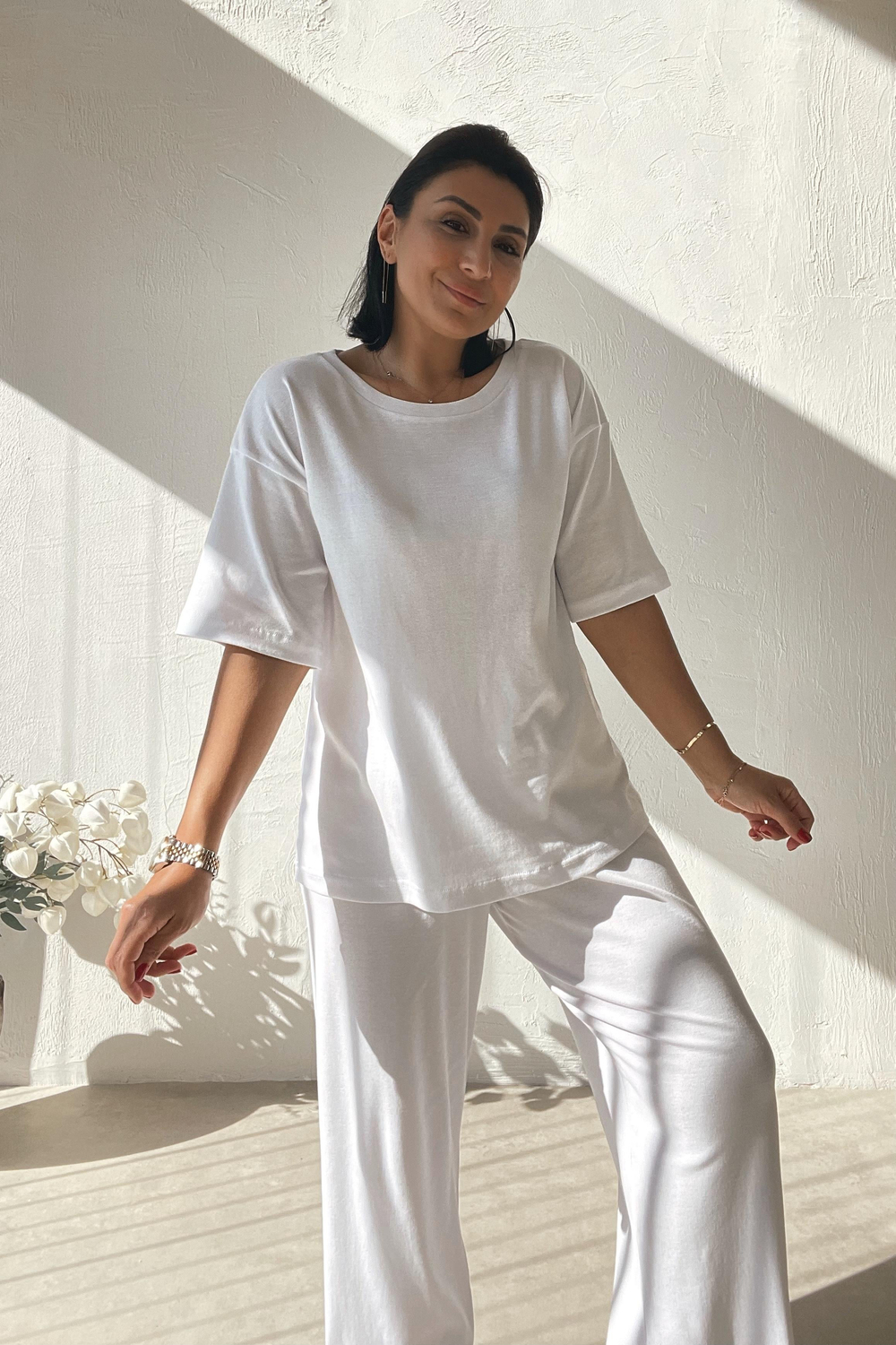 Oversize Beyaz Kısa Kollu Penye Takım
