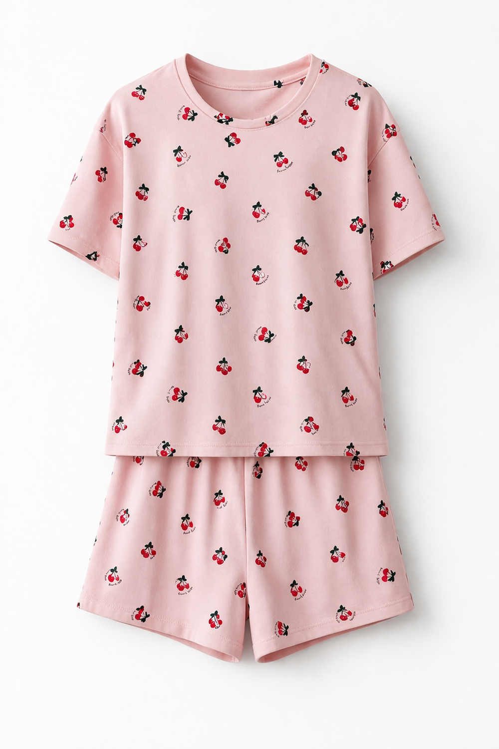 Pudra Vişne Desenli Şort Pijama Takım