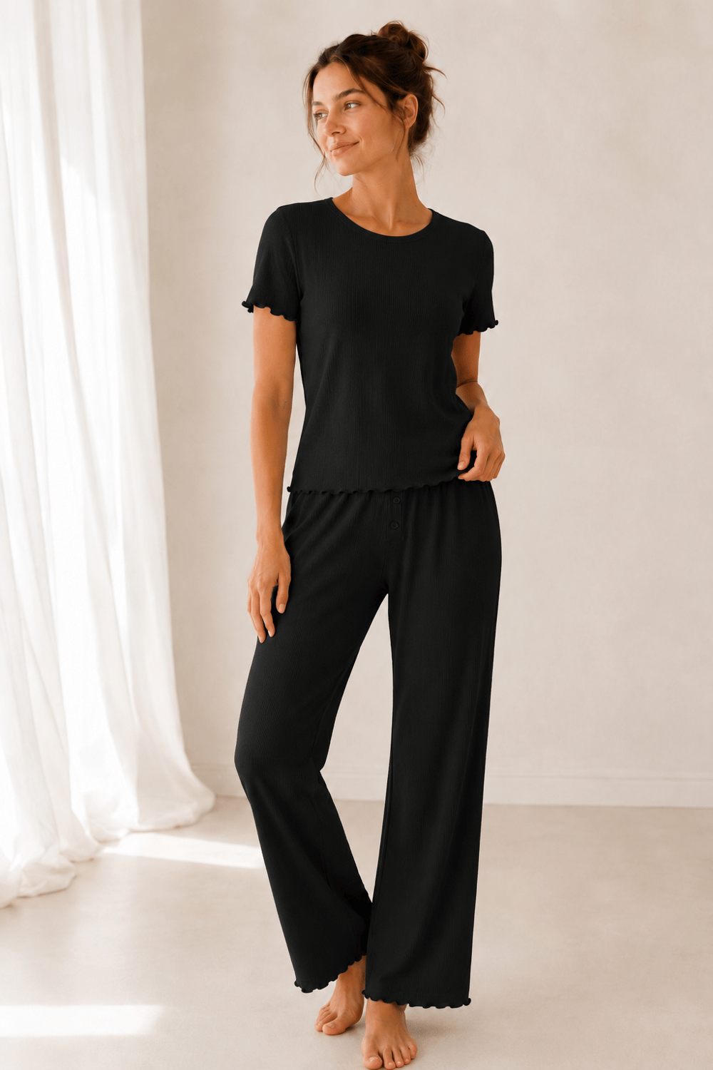 Siyah Kaşkorse Pamuklu Yumoş Pijama Takımı