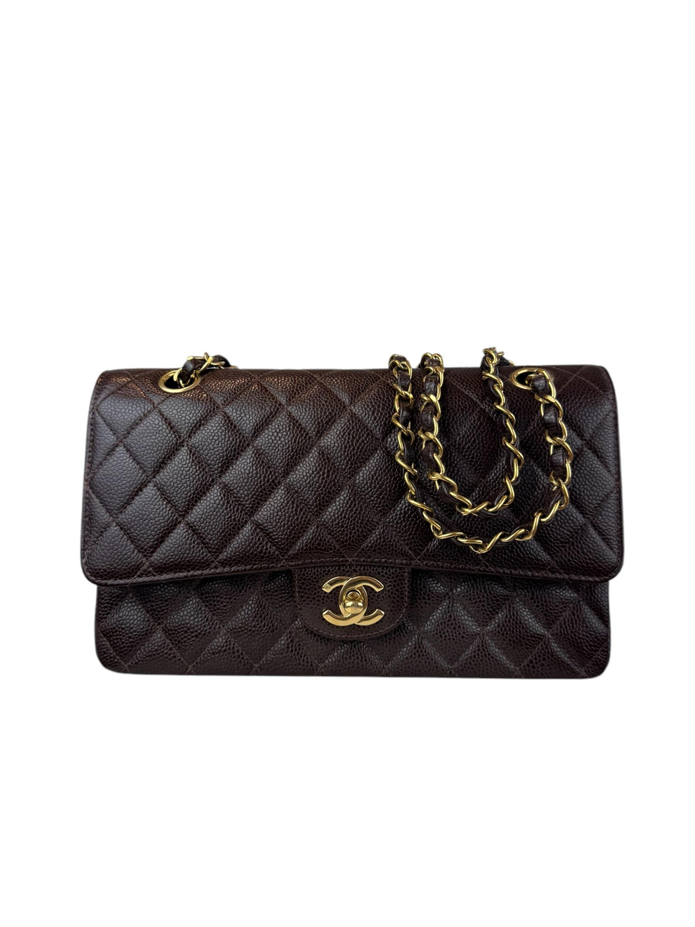 CHANEL 2.55 MEDIUM GOLD CAVIAR LEATHER DOUBLE FLAP  DARK BROWN BAG