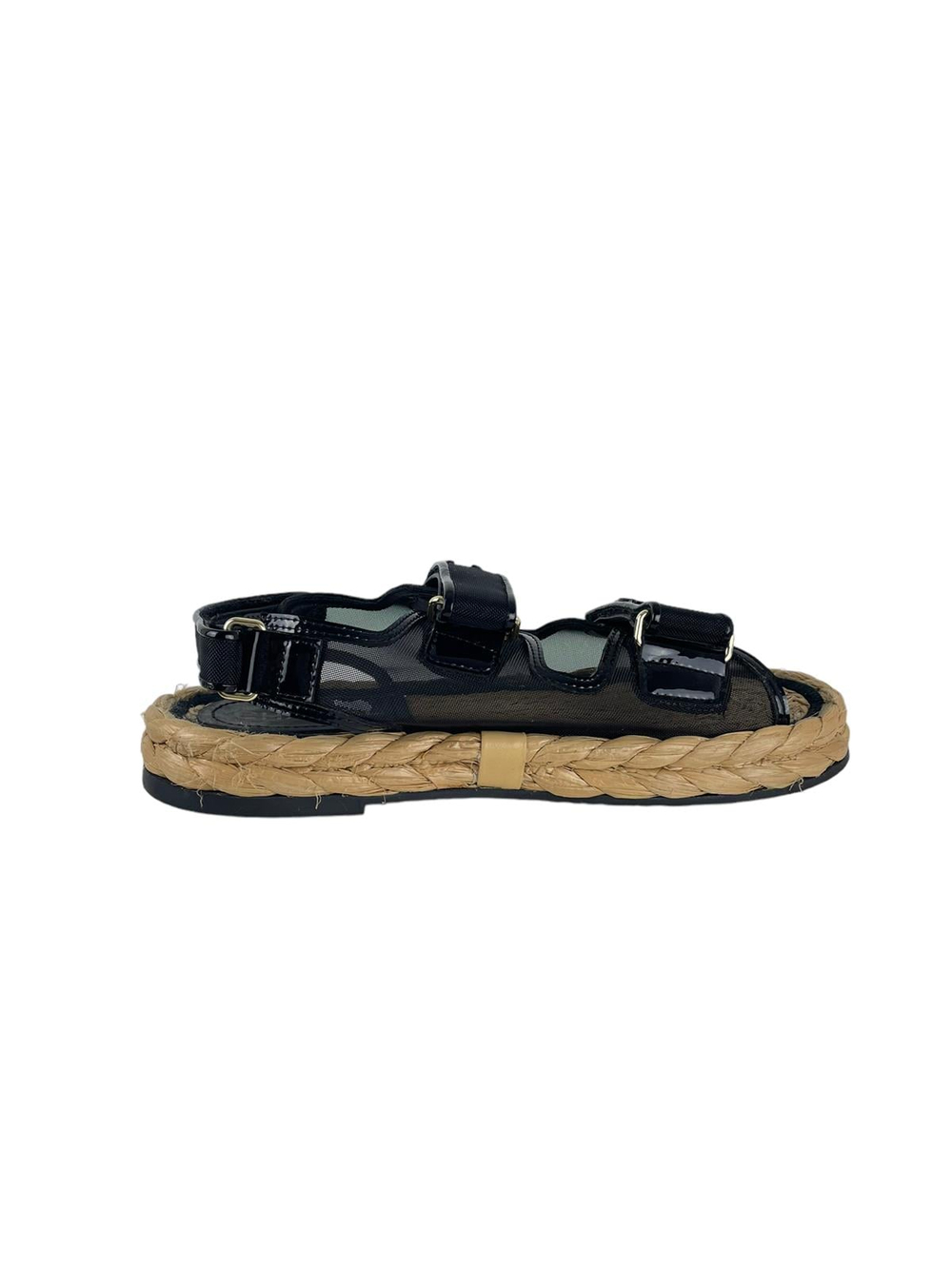CHANEL BLACK MESH RAFIA DAT SANDALS