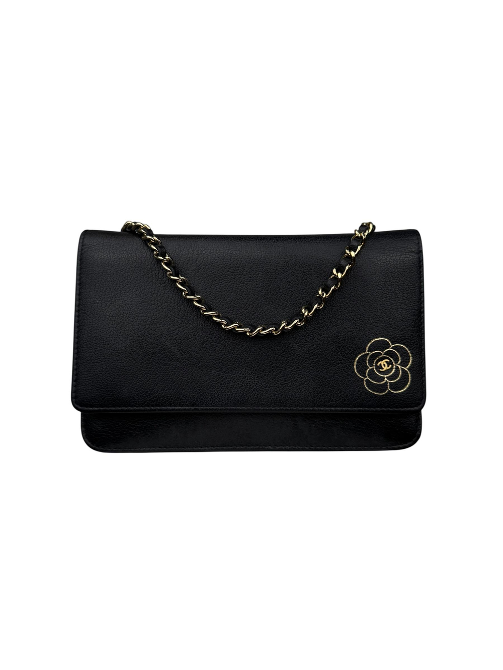 CHANEL CAMELLIA LEATHER WALLET ON CHAIN