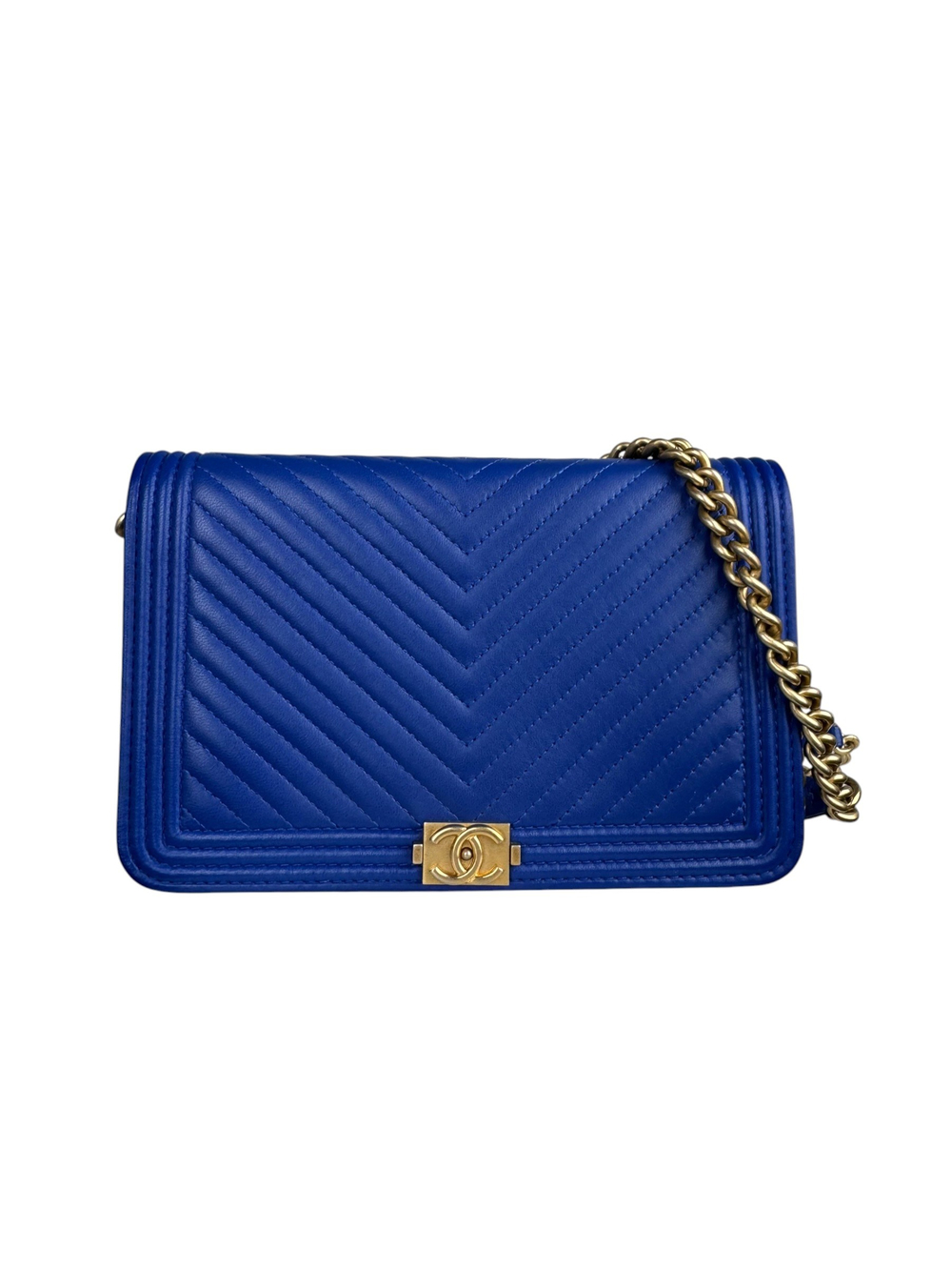 CHANEL NAVY CHEVRON WALLET ON CHAIN BAG