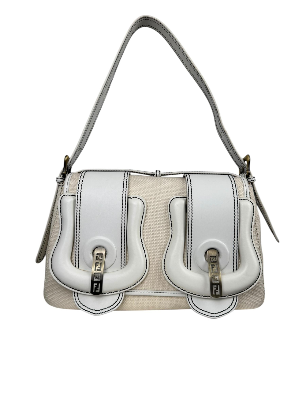 FENDI WHITE CANVAS TRIM B SHOULDER BAG