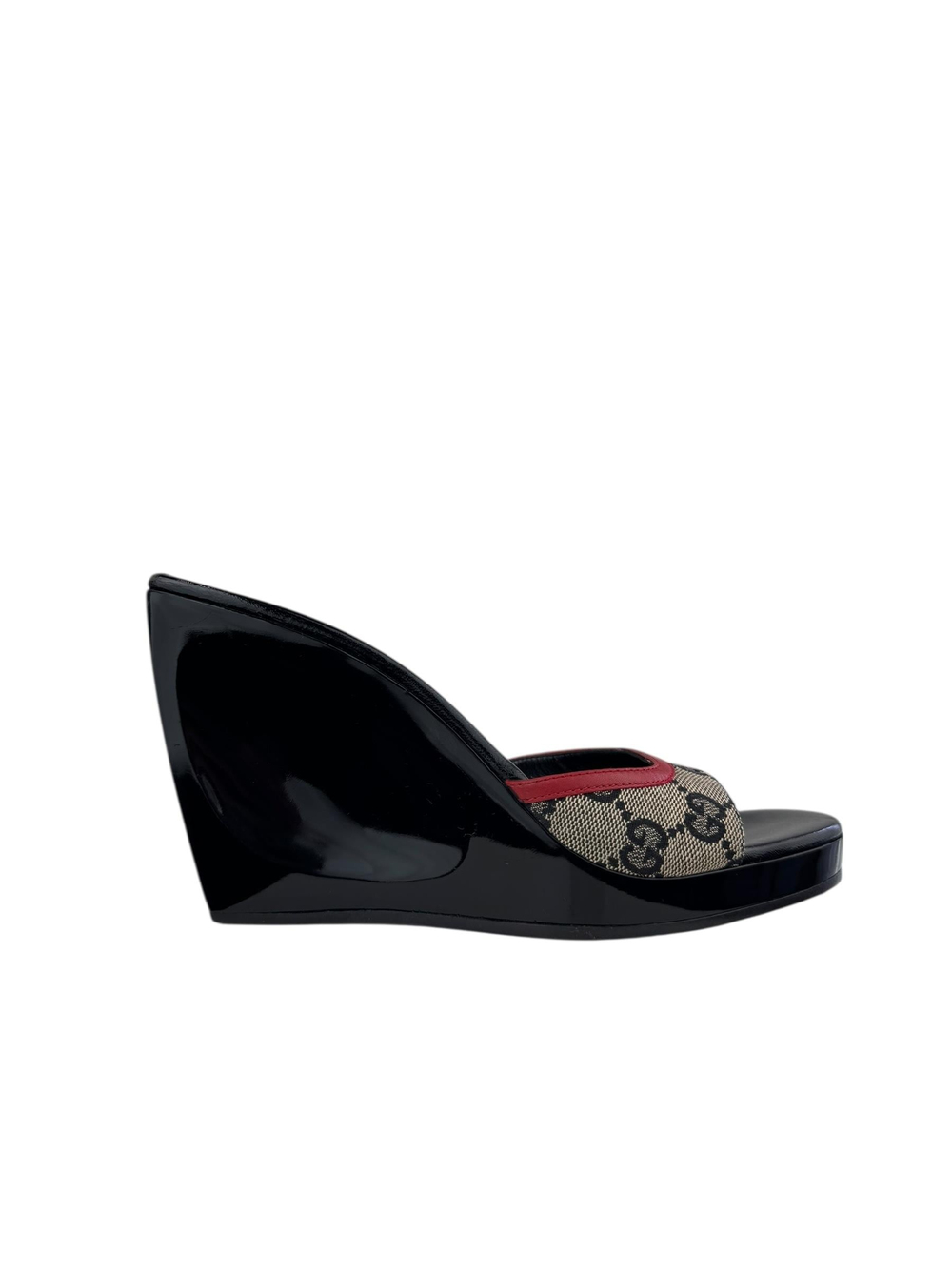 GUCCI 2001 RED GG CANVAS WEDGE MULES