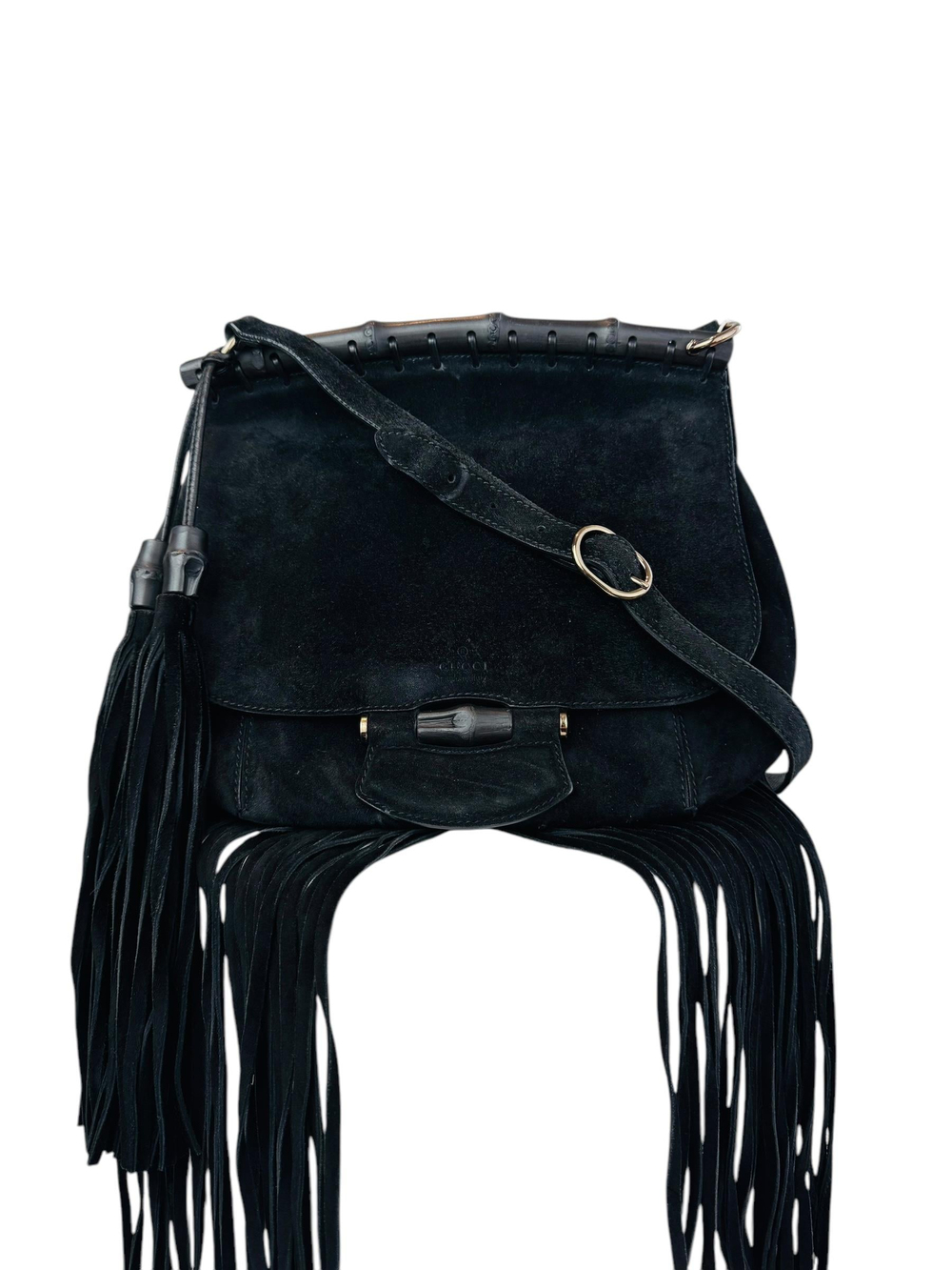 GUCCI SUEDE BAMBOO FRINGED CROSSBODY BAG