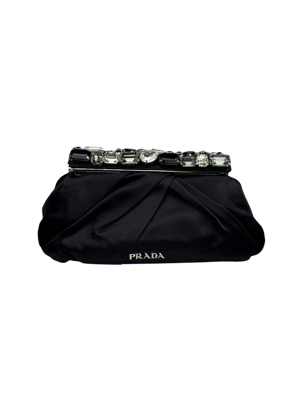 PRADA PLEATED SATIN CRYSTALS EMBELLISHED FRAME CLUTCH