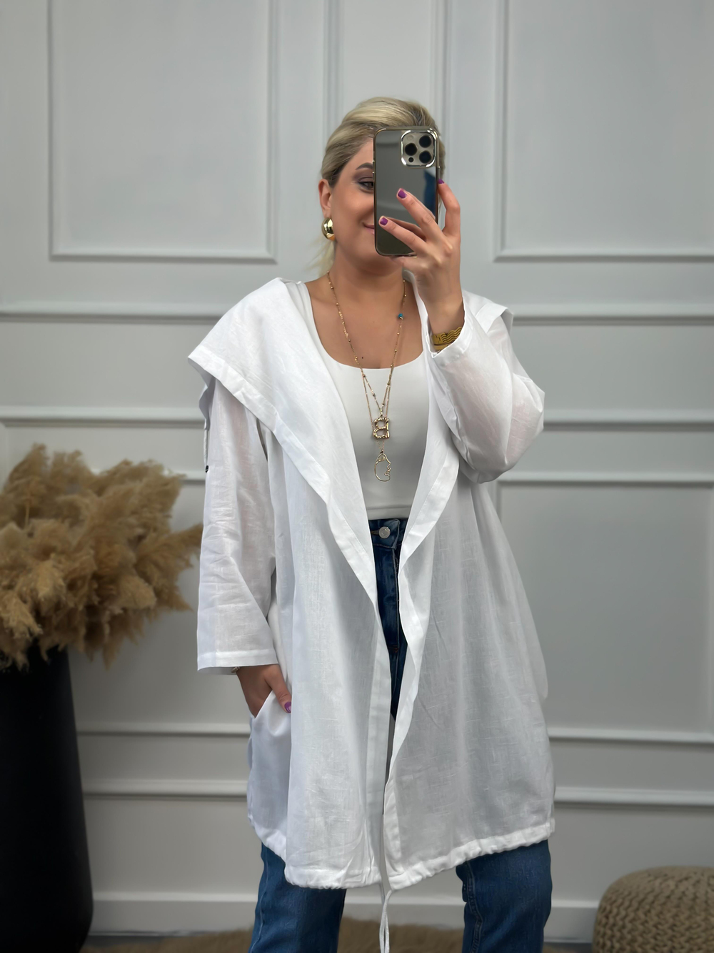 Arkası Kuş Baskılı Keten Uzun Kimono BEYAZ
