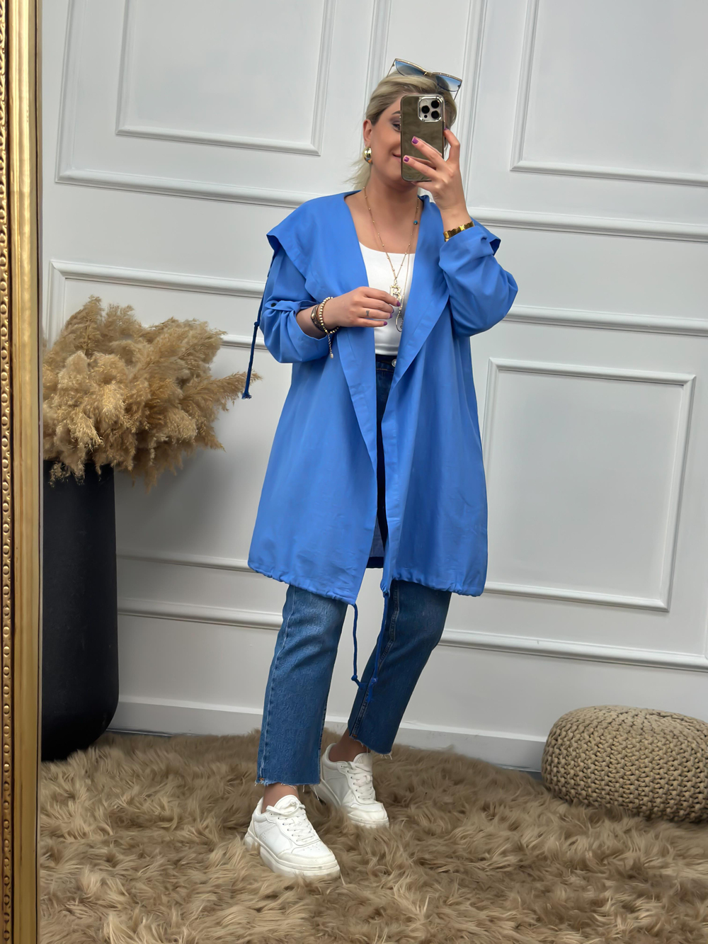 Arkası Kuş Baskılı Keten Uzun Kimono MAVİ