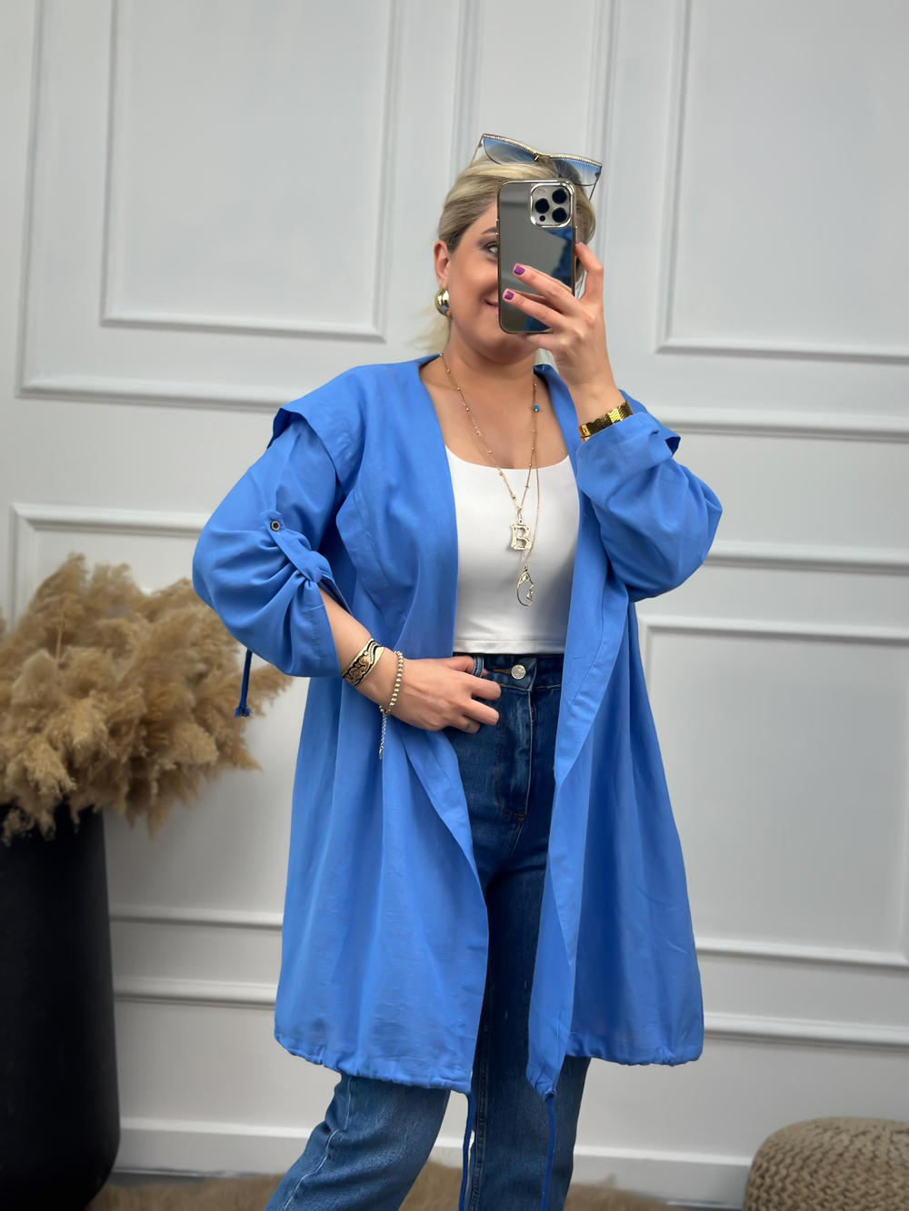 Arkası Kuş Baskılı Keten Uzun Kimono MAVİ