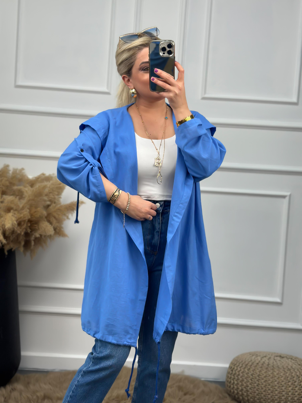 Arkası Kuş Baskılı Keten Uzun Kimono MAVİ