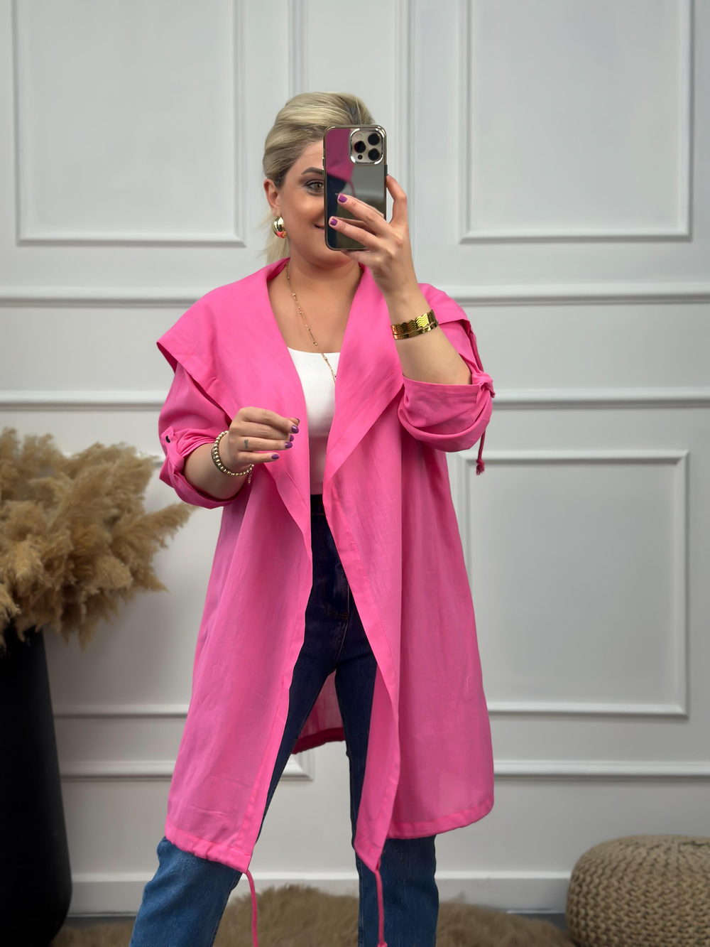 Arkası Kuş Baskılı Keten Uzun Kimono PEMBE