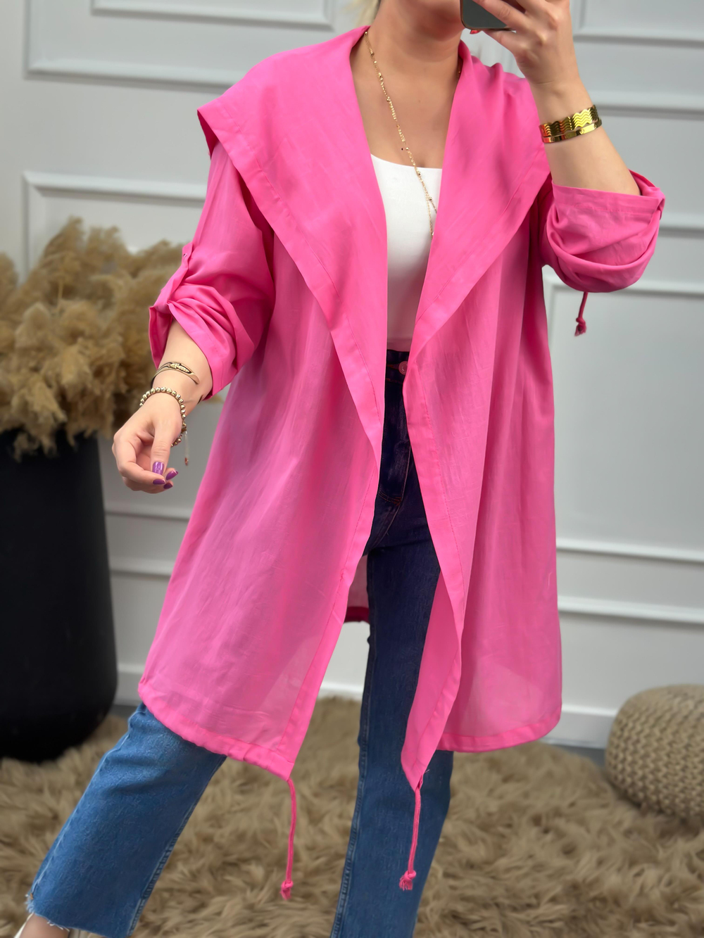 Arkası Kuş Baskılı Keten Uzun Kimono PEMBE