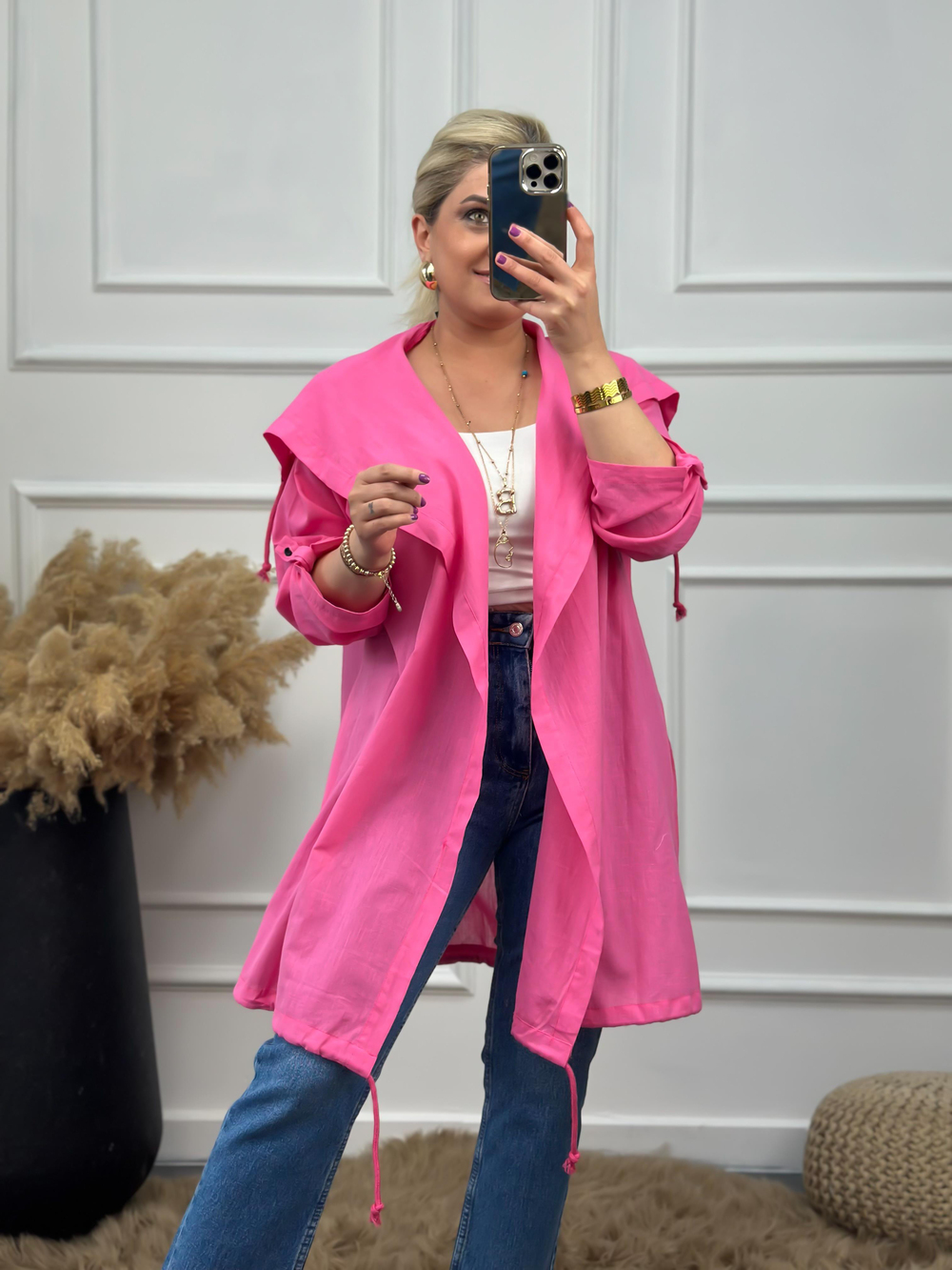 Arkası Kuş Baskılı Keten Uzun Kimono PEMBE