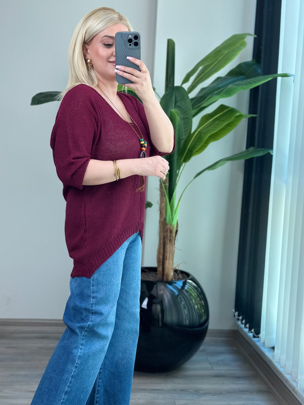 Asimetrik Kesim Triko Bluz BORDO