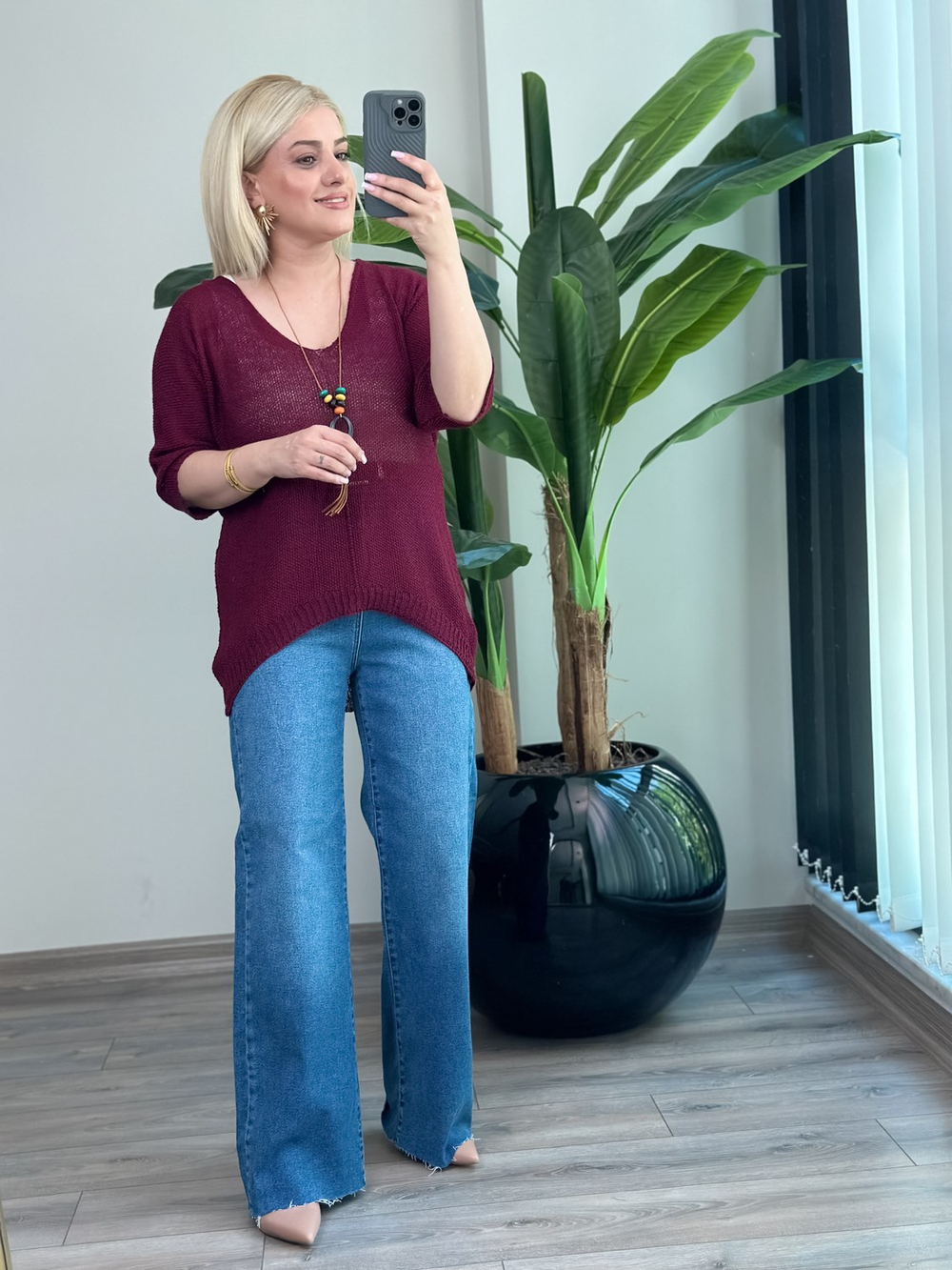 Asimetrik Kesim Triko Bluz BORDO