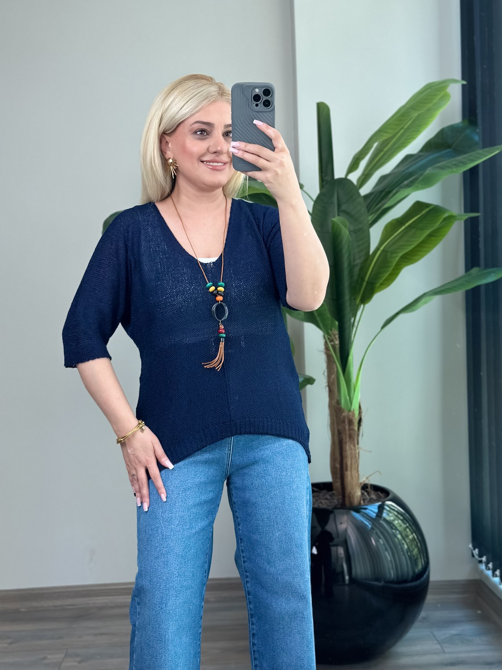 Asimetrik Kesim Triko Bluz LACİVERT