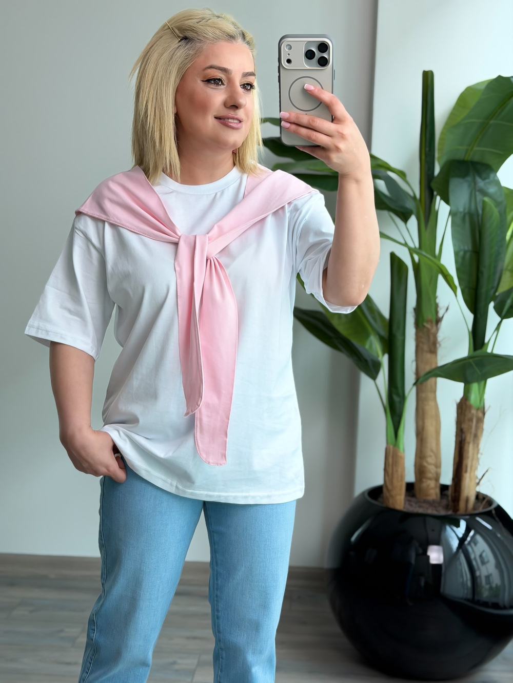 Atkı Detaylı Tshirt PEMBE