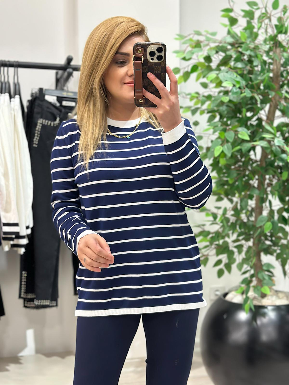Basic Çizgili Uzun Kol Triko Kazak LACİVERT EKRU