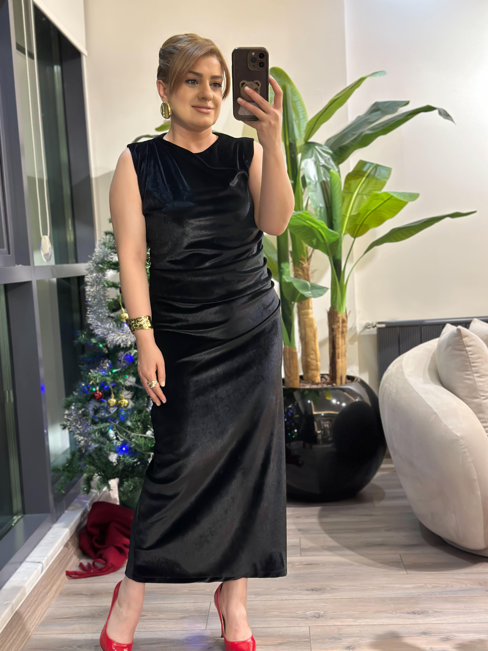 Beli Drapeli Maxi Kadife Elbise SİYAH