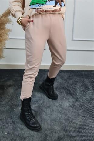 Beli İpli Paçası Yırtmaçlı Jogger Pantolon BEJ