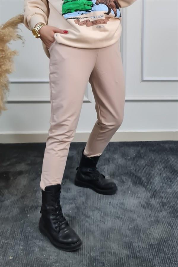 Beli İpli Paçası Yırtmaçlı Jogger Pantolon BEJ
