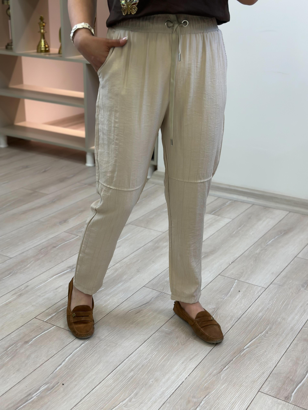 Beli Lastikli Keten Pantolon TAŞ