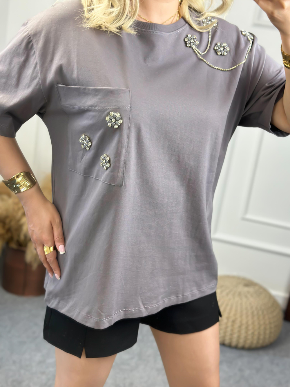 Cebi Taşlı Tshirt FÜME
