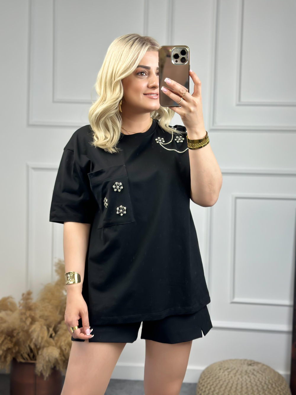 Cebi Taşlı Tshirt SİYAH