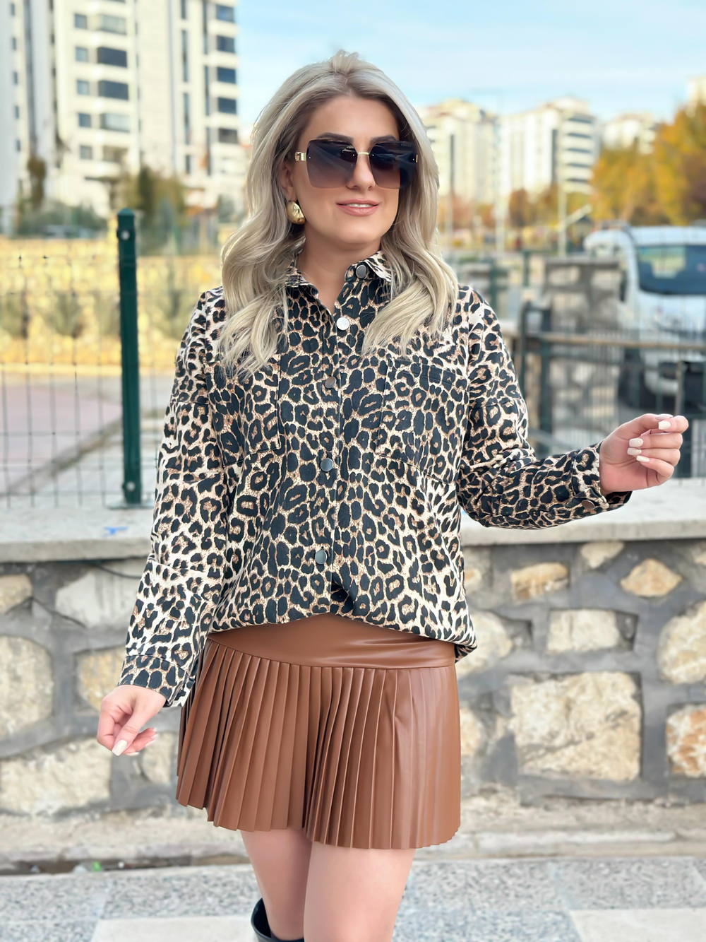 Cepli leopar Gömlek KAHVE