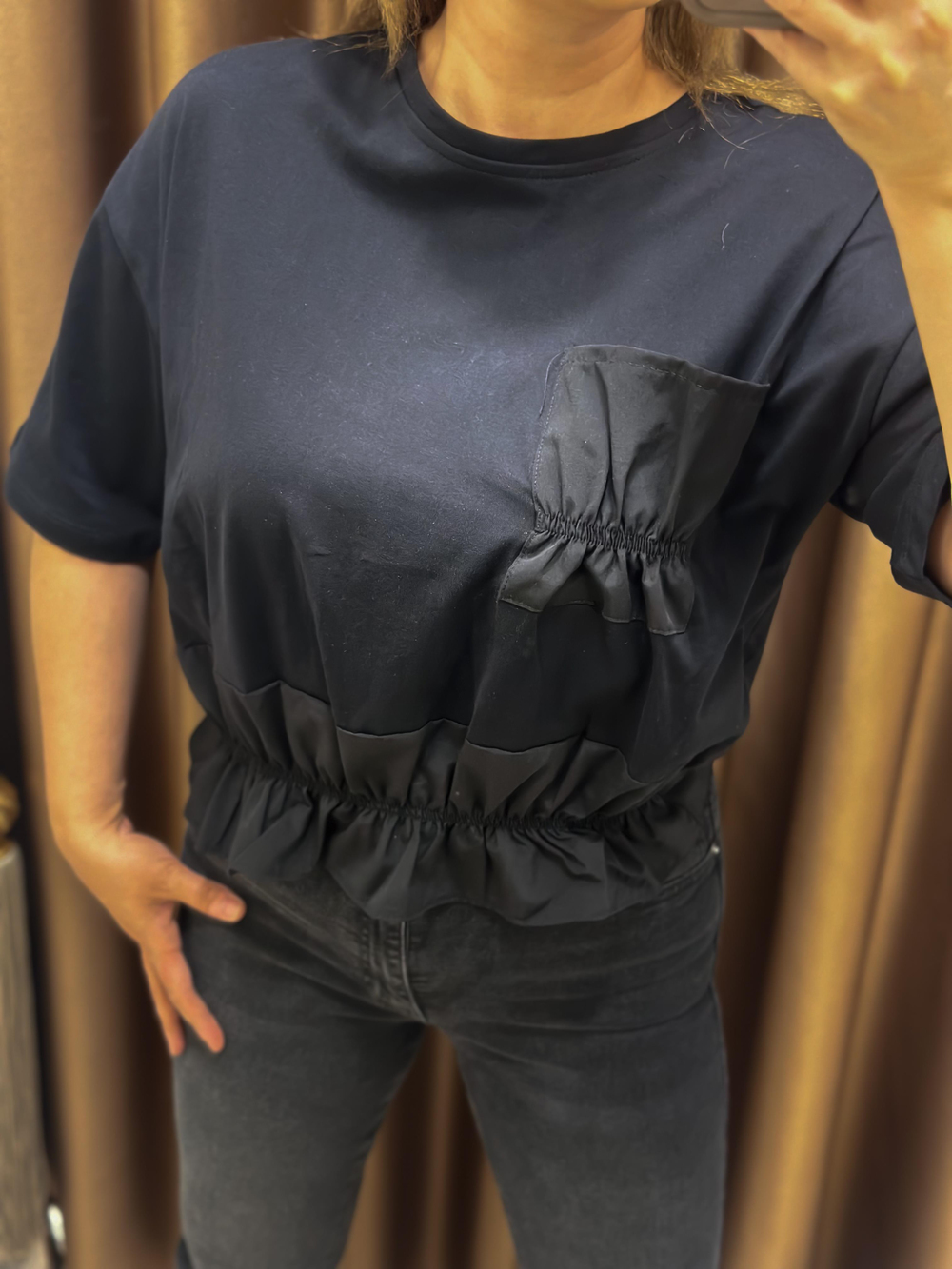 Cepli Önü Büzgü Detay Tshirt SİYAH