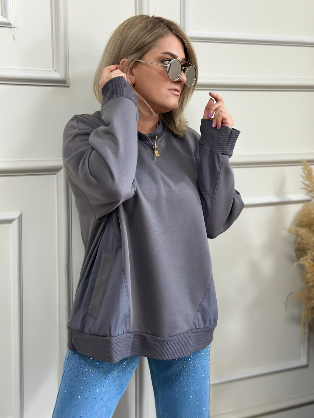 Cepli Poplin Detaylı Sweatshırt ANTRASİT