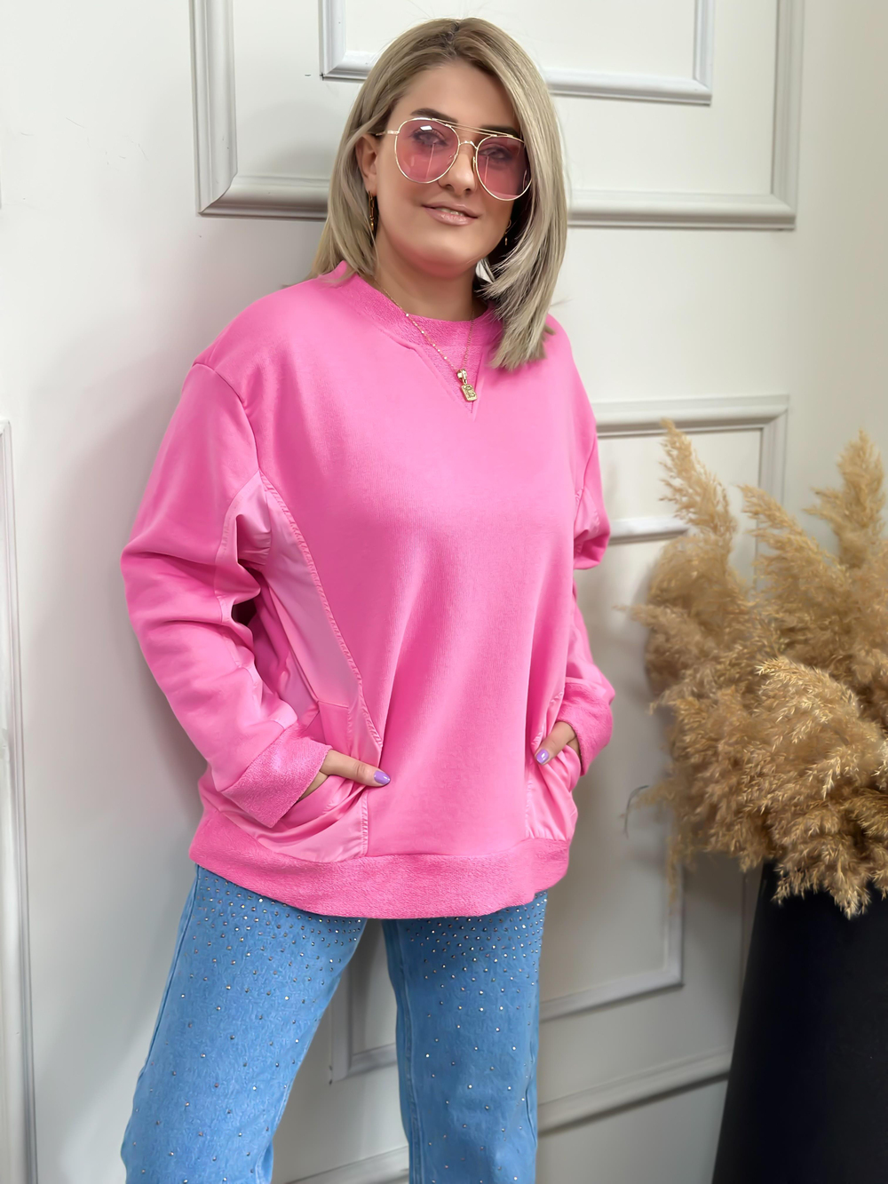 Cepli Poplin Detaylı Sweatshırt PEMBE