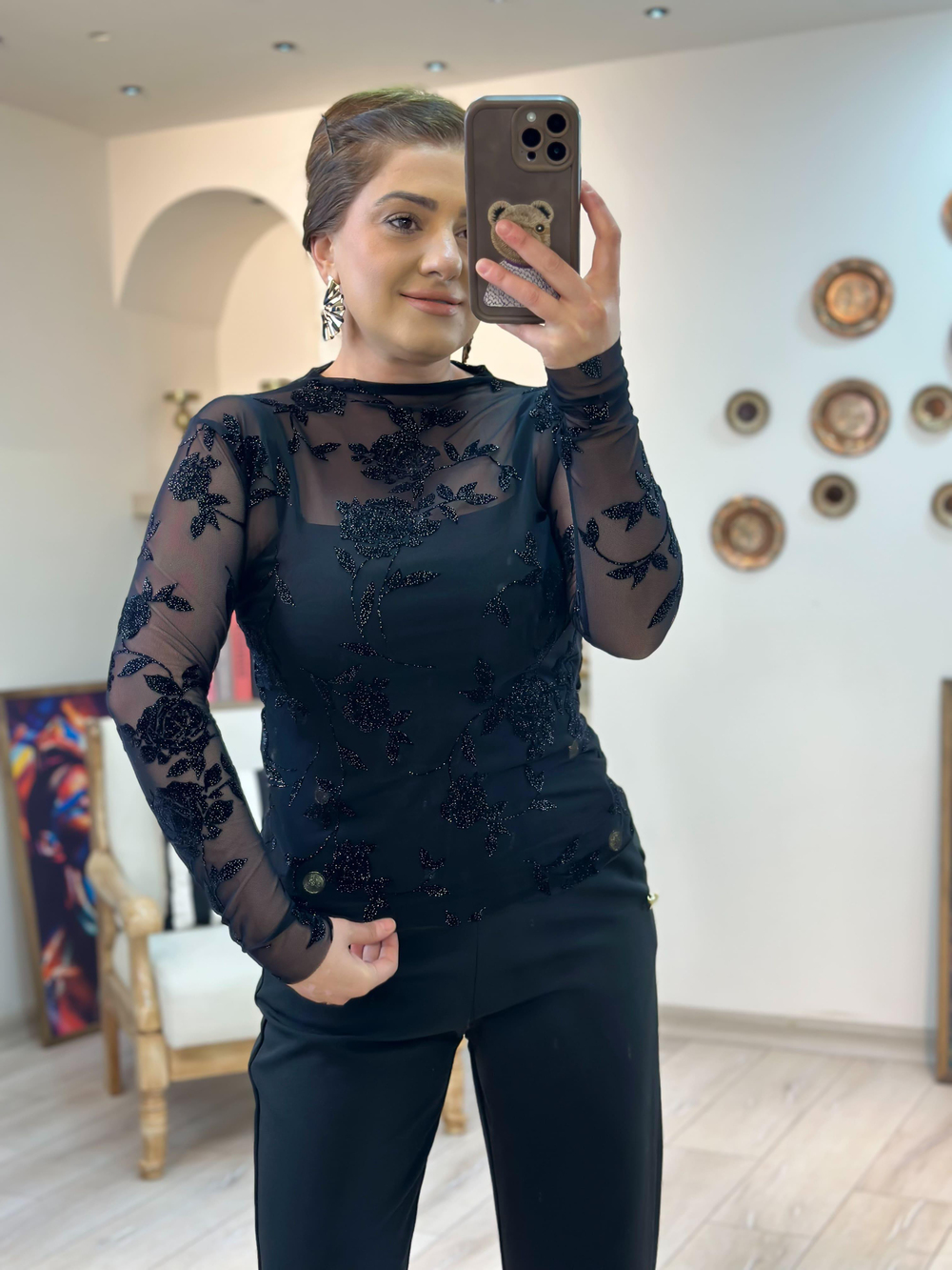 Çiçek Detaylı Transparan Bluz SİYAH