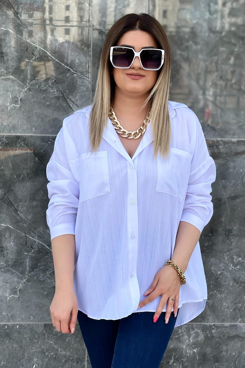 Çift Cepli Kendinden Çizgili Pamuklu Gömlek 325 BEYAZ