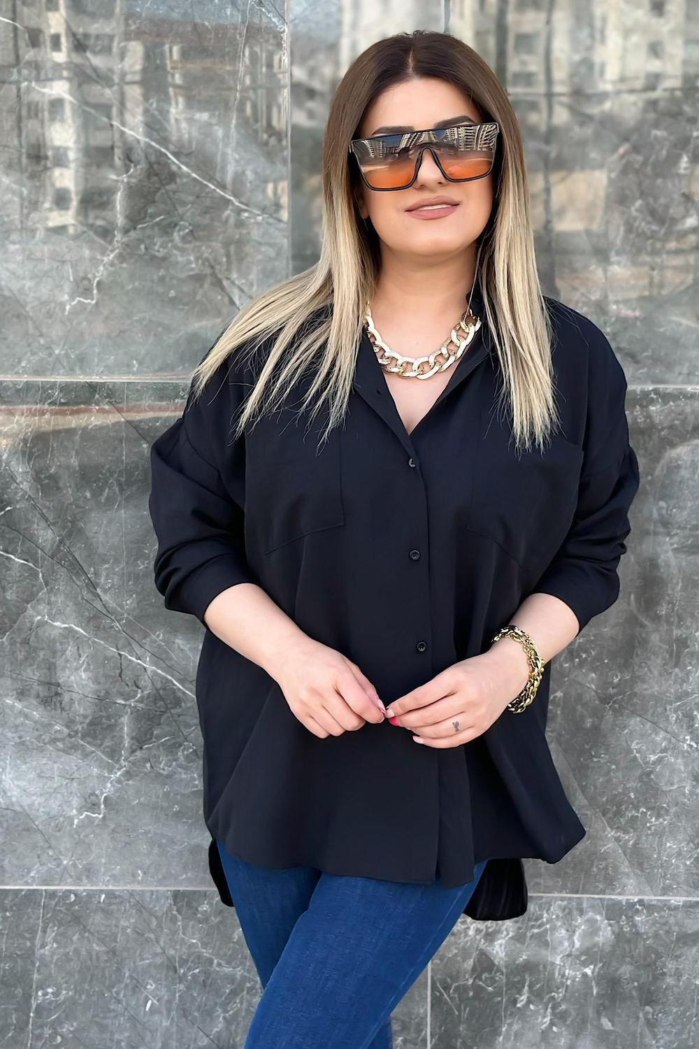 Çift Cepli Kendinden Çizgili Pamuklu Gömlek 325 SİYAH