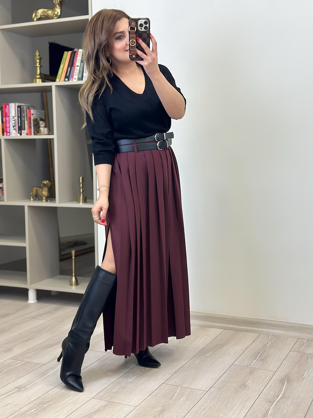 Çift Kemer Yandan Yırtmaçlı Piliseli Uzun Etek MÜRDÜM