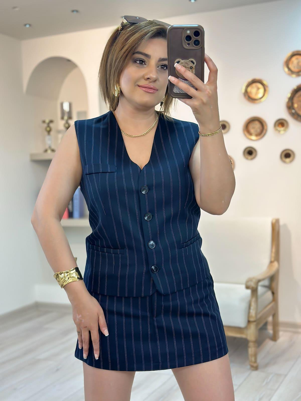 Çizgili Düğme Detaylı Yelek LACİVERT