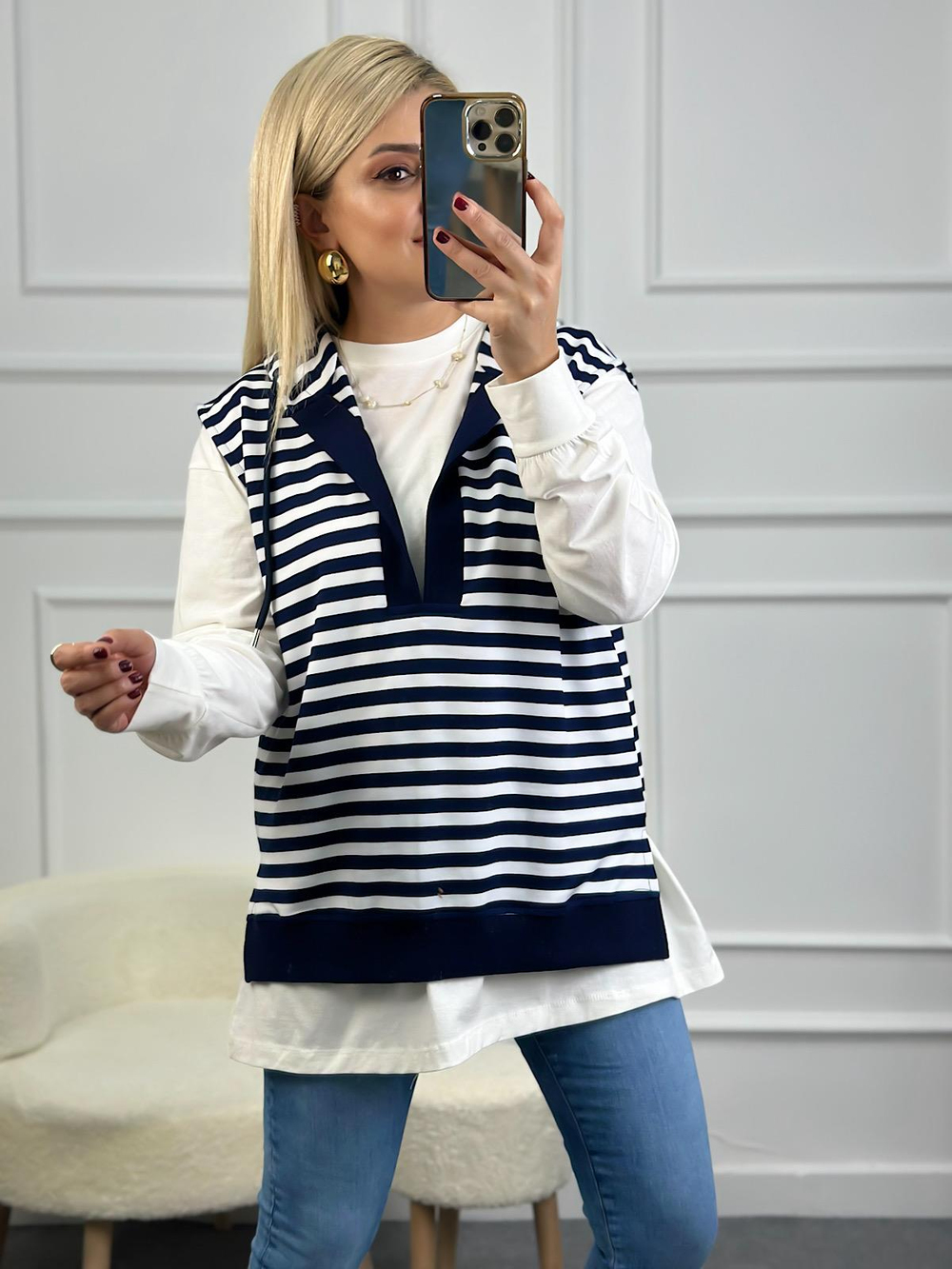 Çizgili Kapşonlu Sweatshirt LACİVERT - BEYAZ
