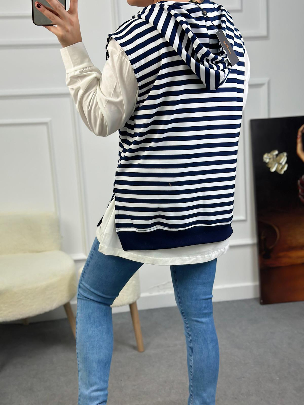 Çizgili Kapşonlu Sweatshirt LACİVERT - BEYAZ