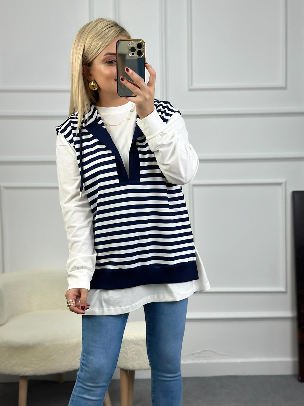 Çizgili Kapşonlu Sweatshirt LACİVERT - BEYAZ
