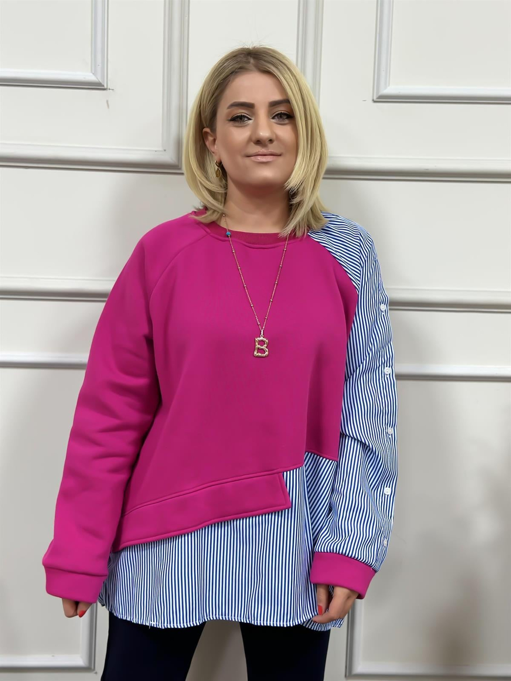 Çizgili Kolları Düğmeli Sweatshirt PEMBE