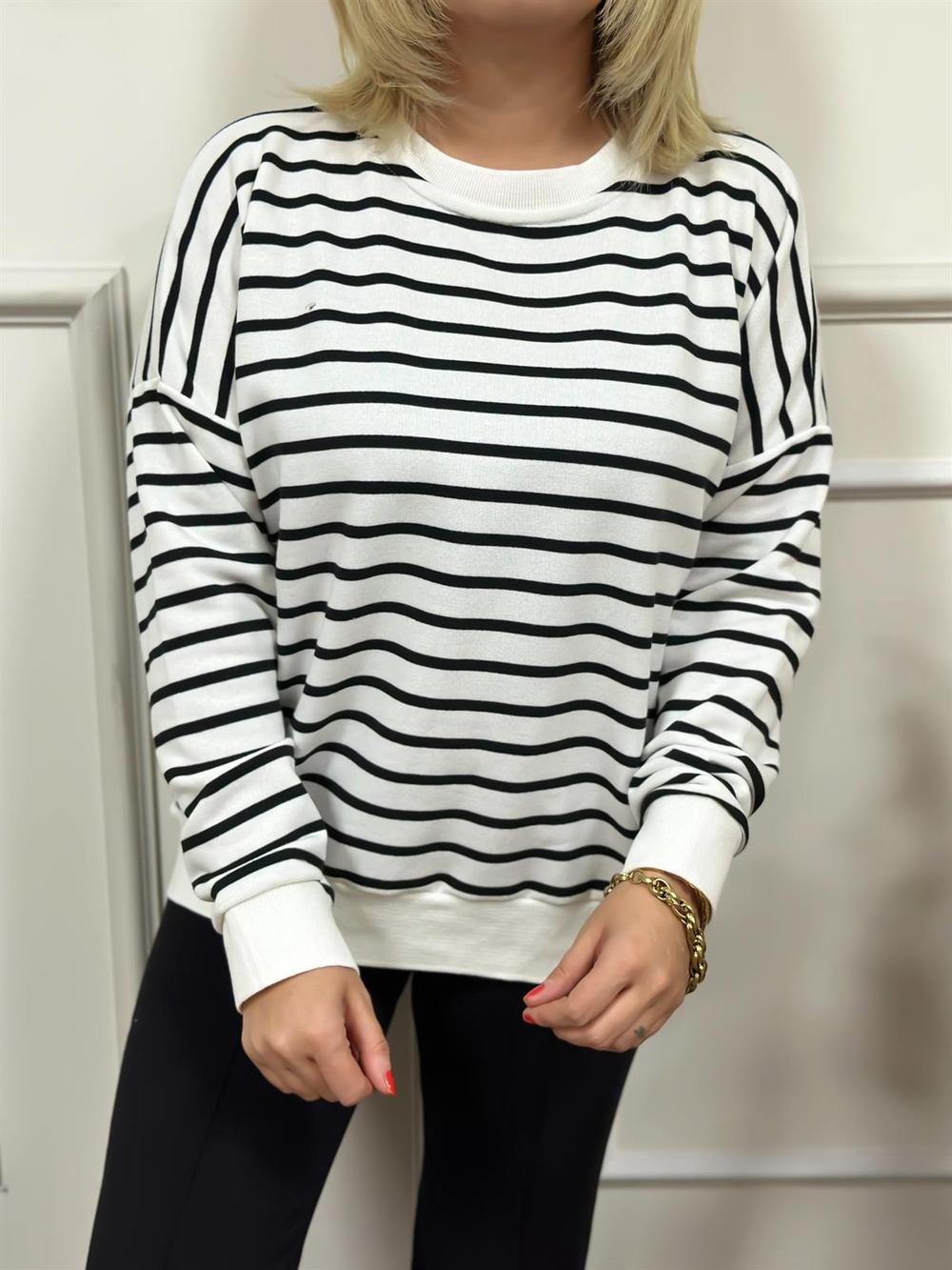 Çizgili Pamuk Kumaş Sweatshırt BEYAZ